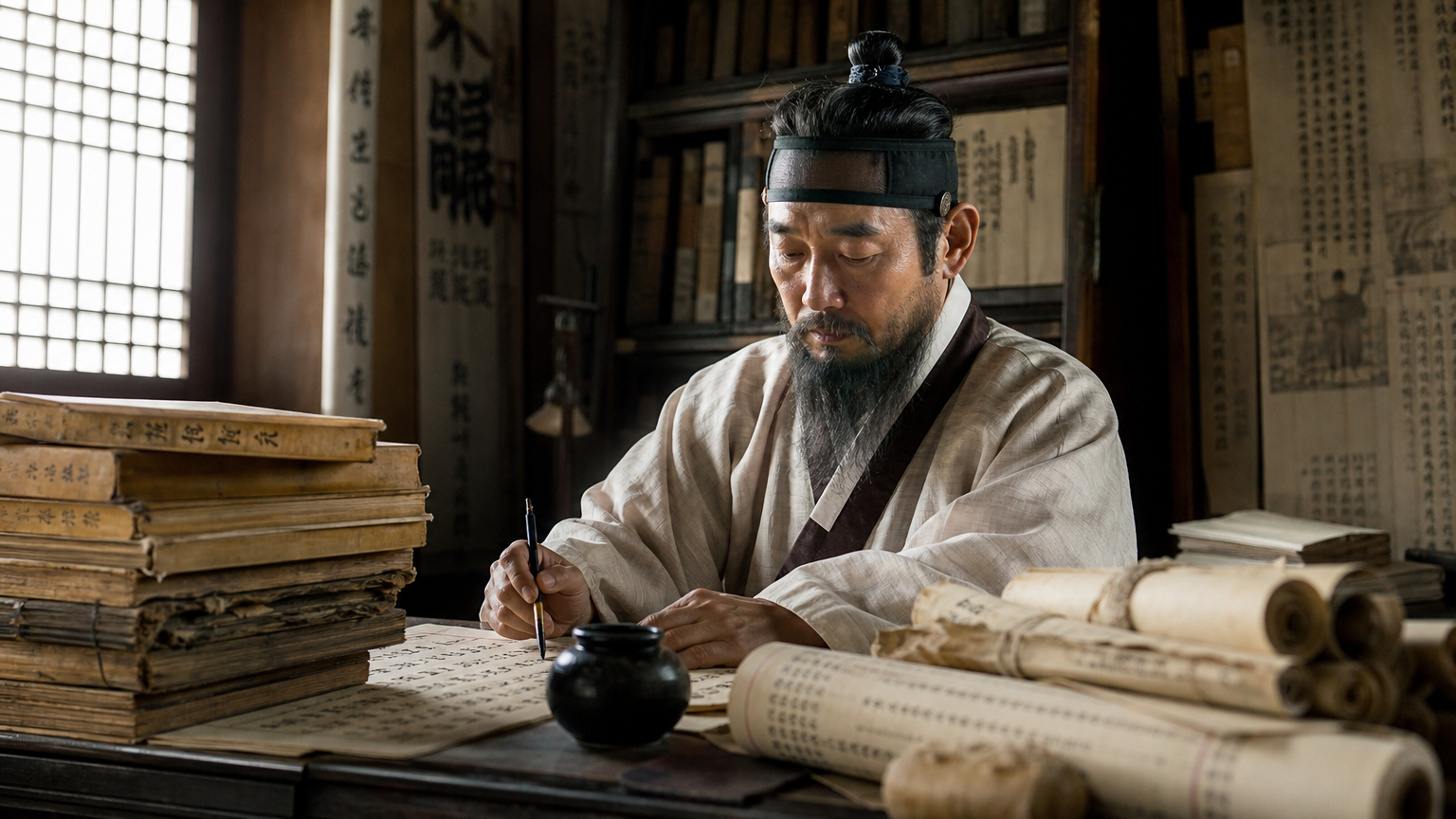 19세기 말 학자 모습으로 책과 두루마리가 놓인 서재에서 깊은 생각에 잠긴 인물