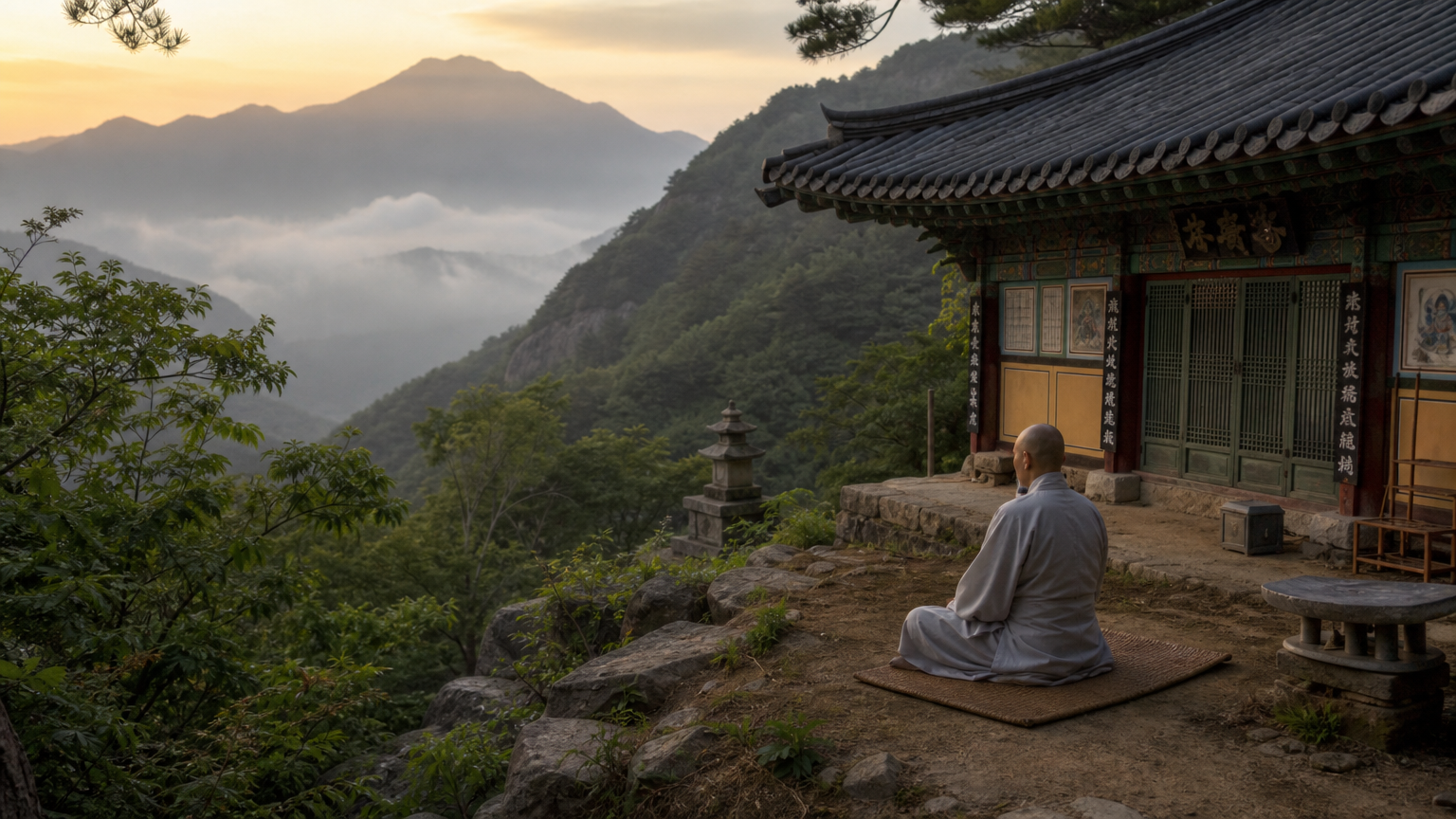 지리산의 작은 암자에서 명상에 잠긴 인물