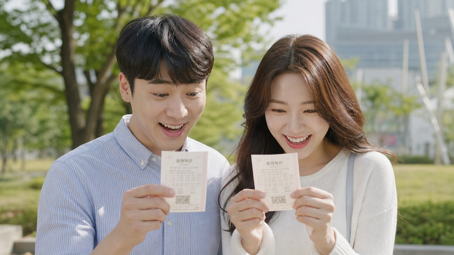 한 남성과 여성이 공원에서 로또 티켓을 확인하는 모습