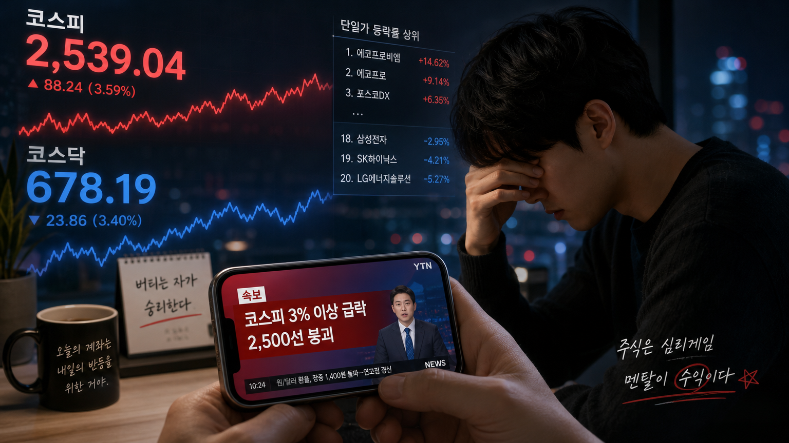 한국 증시 그래프와 스마트폰으로 뉴스를 보는 불안한 투자자
