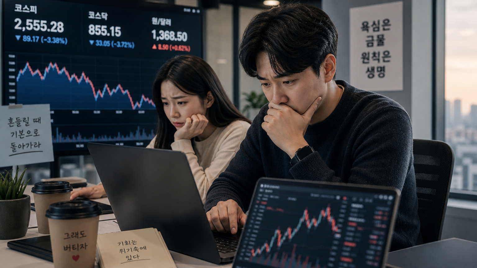 사무실에서 금융 차트를 분석하는 걱정스러운 투자자들
