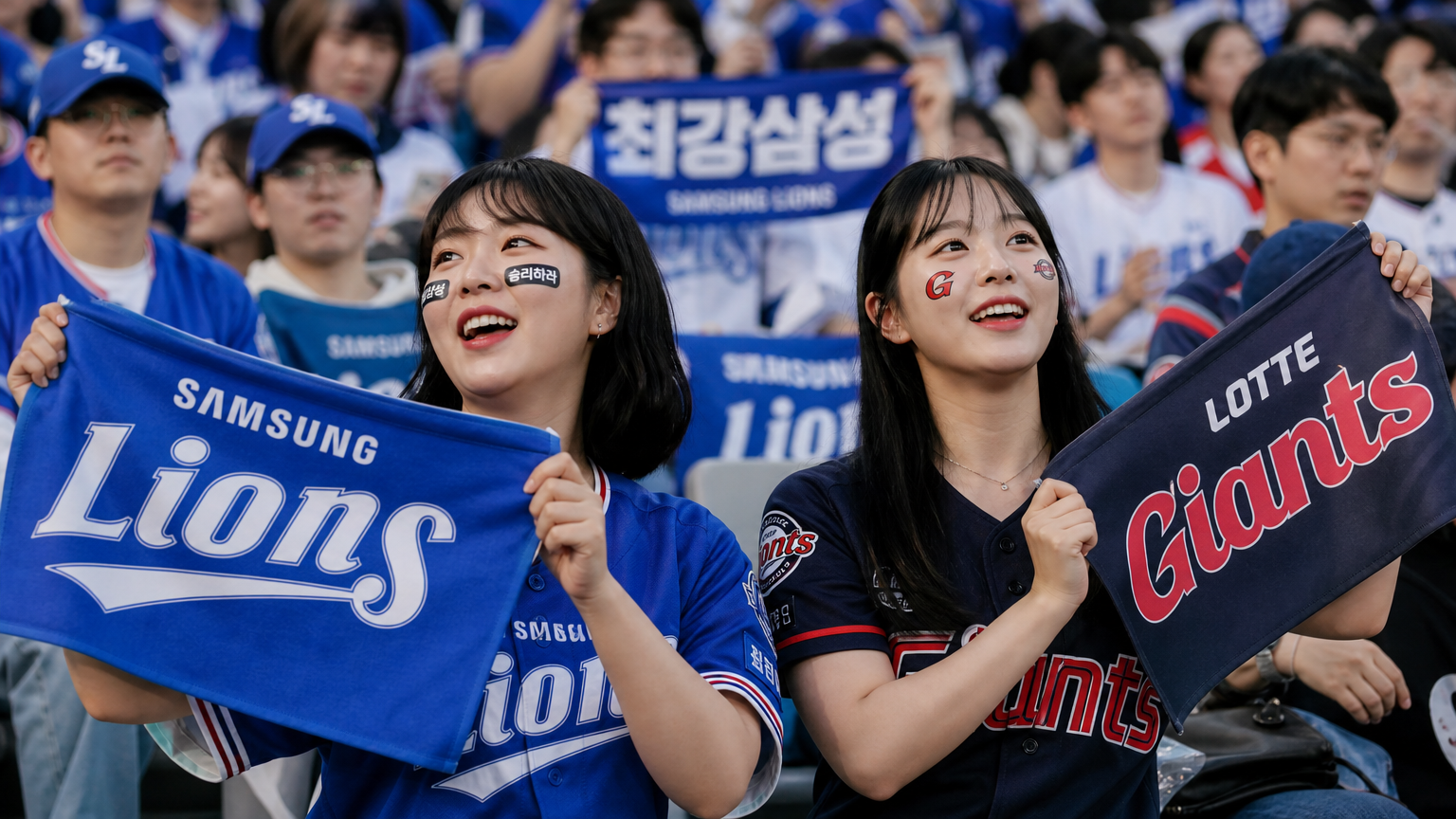 삼성 라이온즈와 롯데 자이언츠를 응원하는 팬들이 경기장에서 팀 유니폼과 배너를 들고 있는 모습