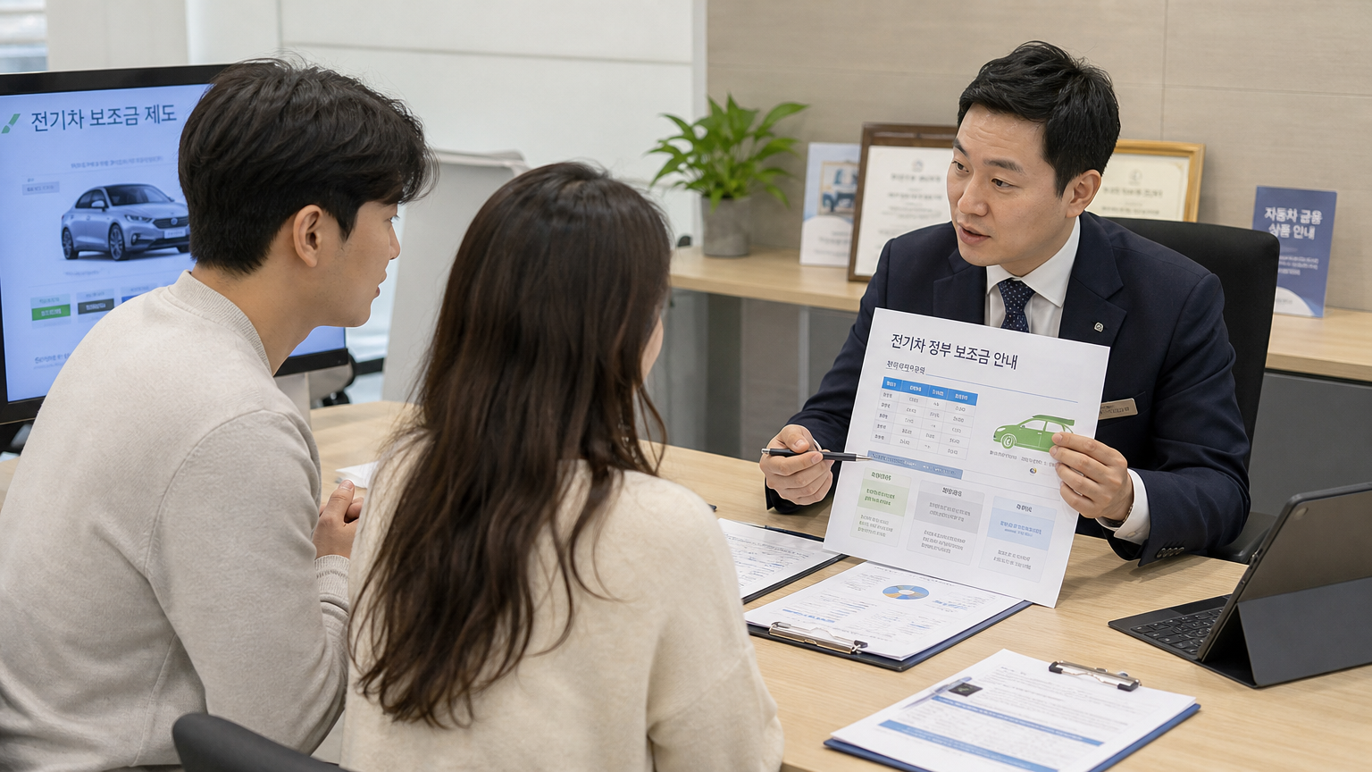 사무실 책상에서 금융 상담사가 한국 커플에게 전기차 정부 보조금을 설명하는 장면