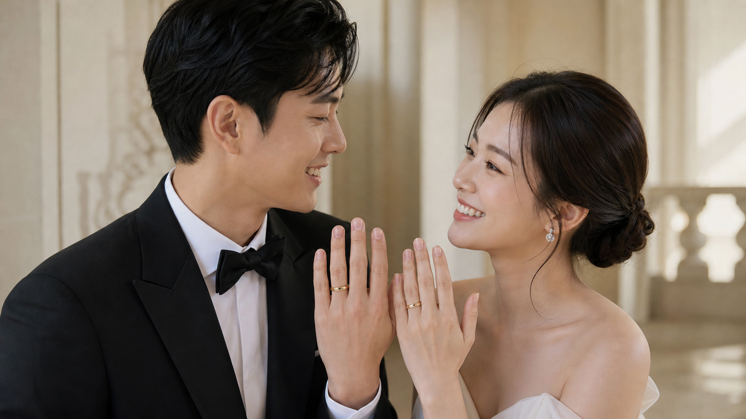 우아한 장소에서 따뜻하게 미소 짓는 행복한 커플의 모습