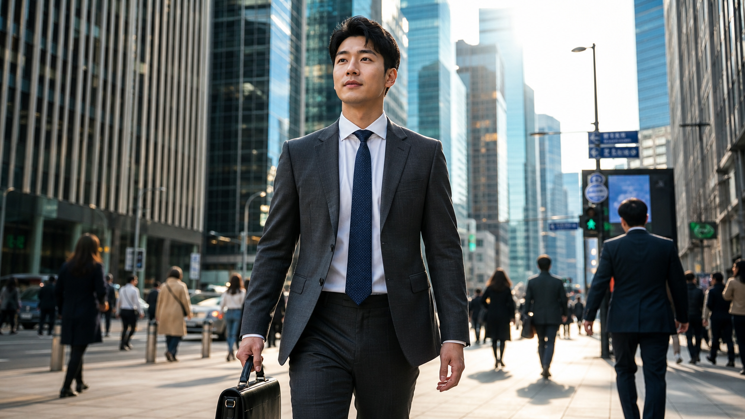 도심 속 새로운 기회를 향해 걸어가는 자신감 넘치는 남성의 모습
