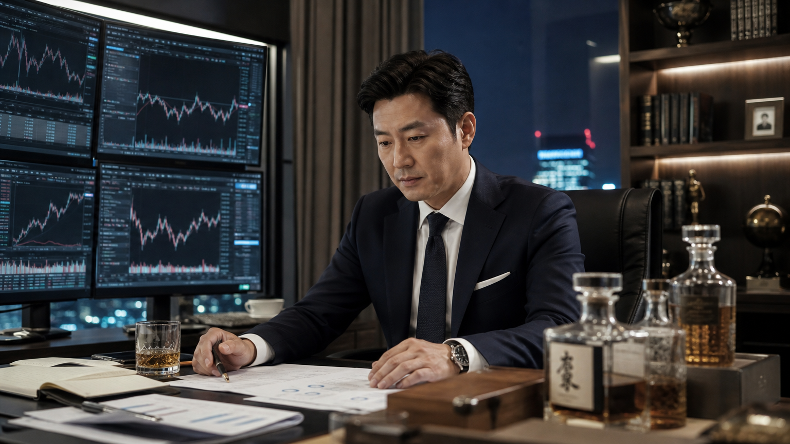 현대적인 사무실에서 재무 차트와 위스키 병을 앞에 두고 집중하고 있는 사업가