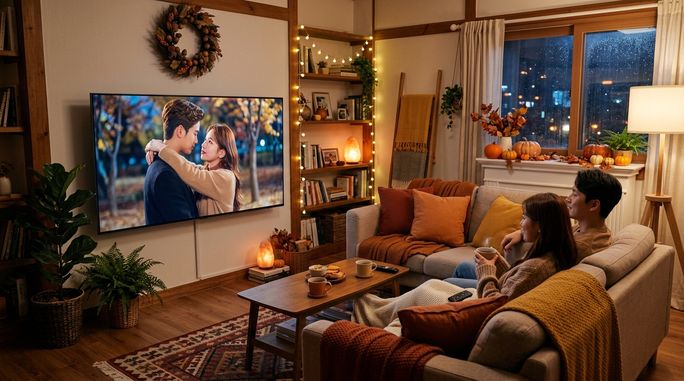 한국의 거실에서 두 배우가 출연하는 로맨스 드라마 장면이 TV에 나오는 모습