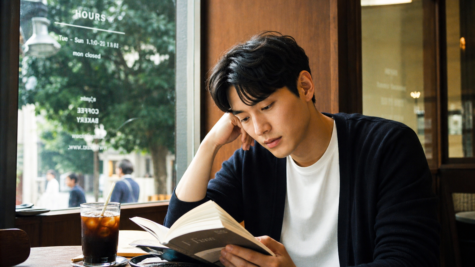 한적한 카페에서 책을 읽으며 사색에 잠긴 한국 남성의 모습