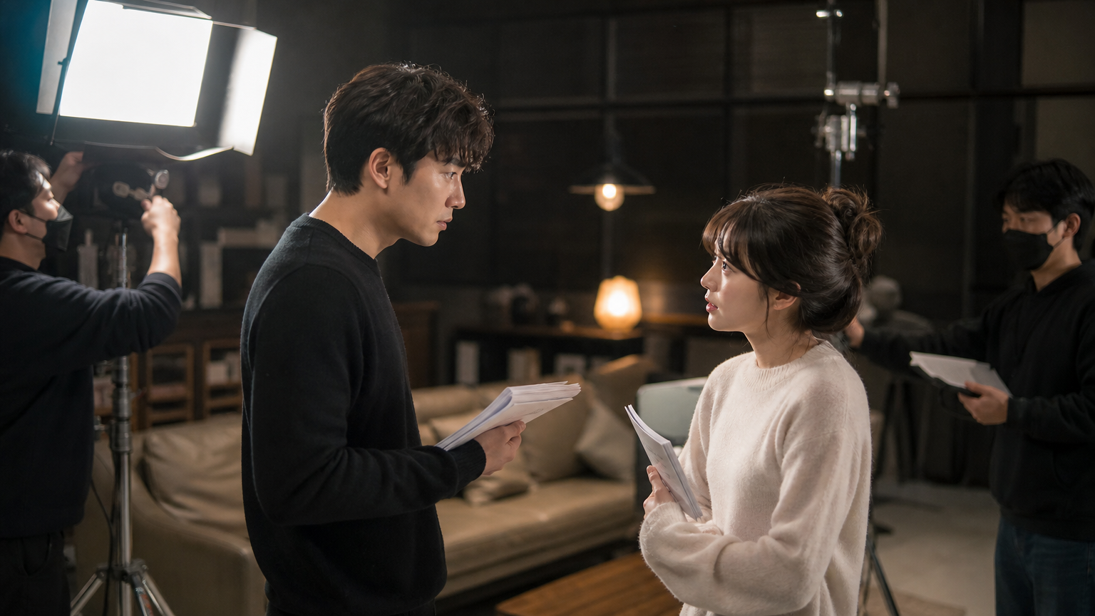 로맨틱 드라마 세트장에서 긴 연애를 그린 장면을 리허설 중인 두 배우의 모습