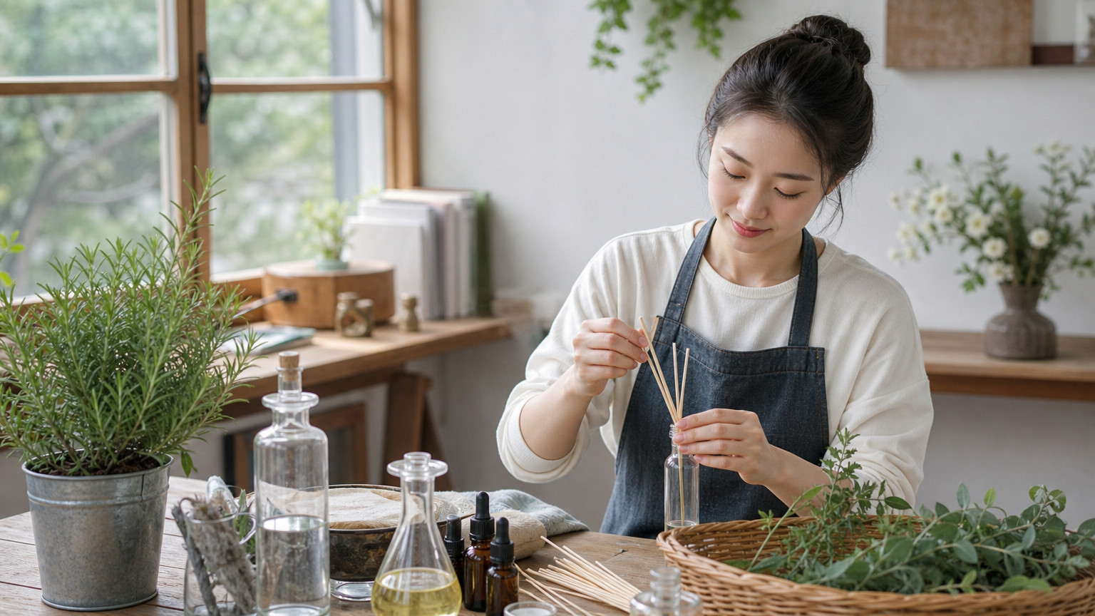 허브로 천연 디퓨저를 만드는 평화로운 장면