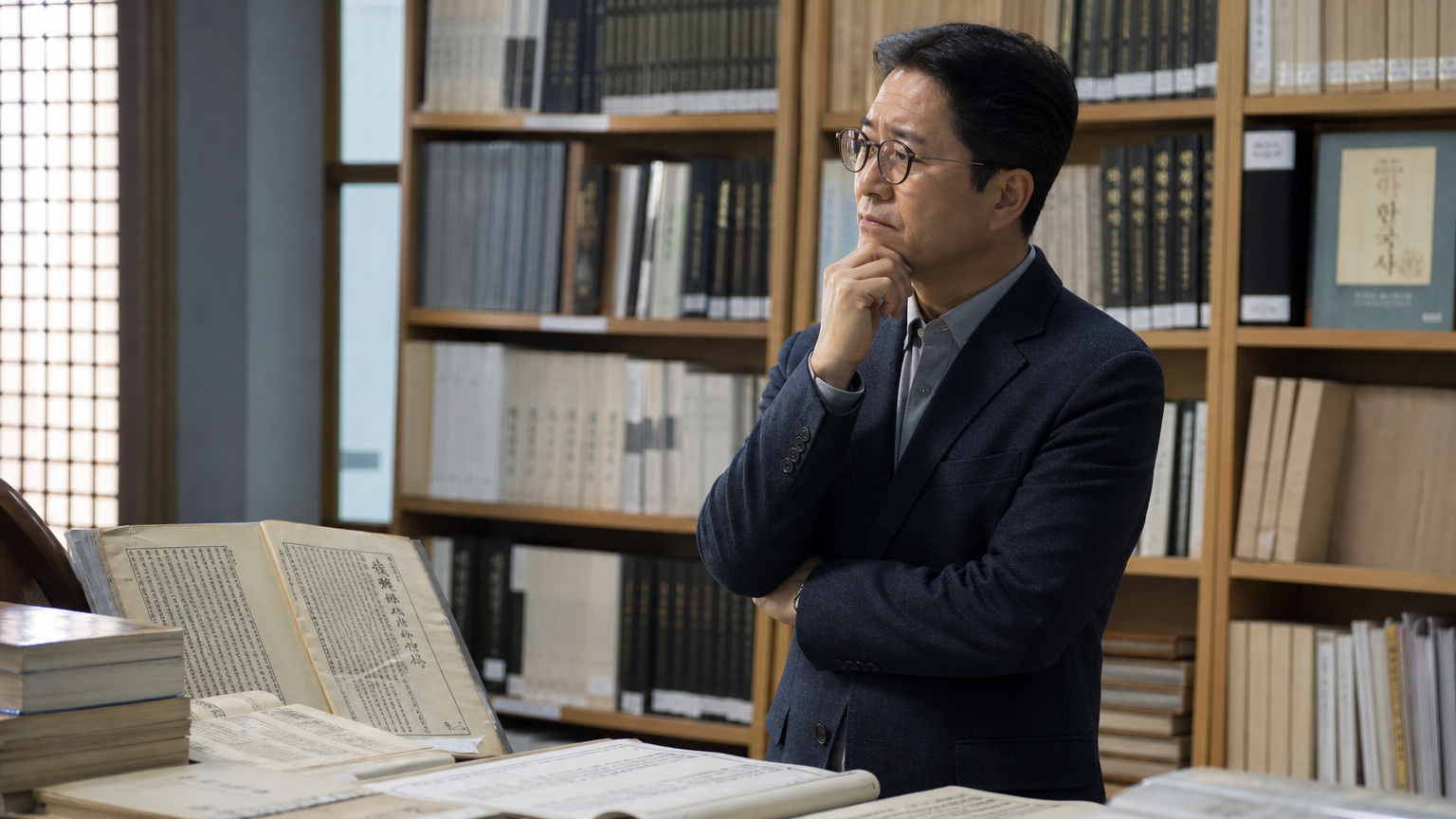 현대 한국 학자가 도서관에서 역사책을 보며 미해결된 역사적 문제에 대해 깊이 생각하는 모습