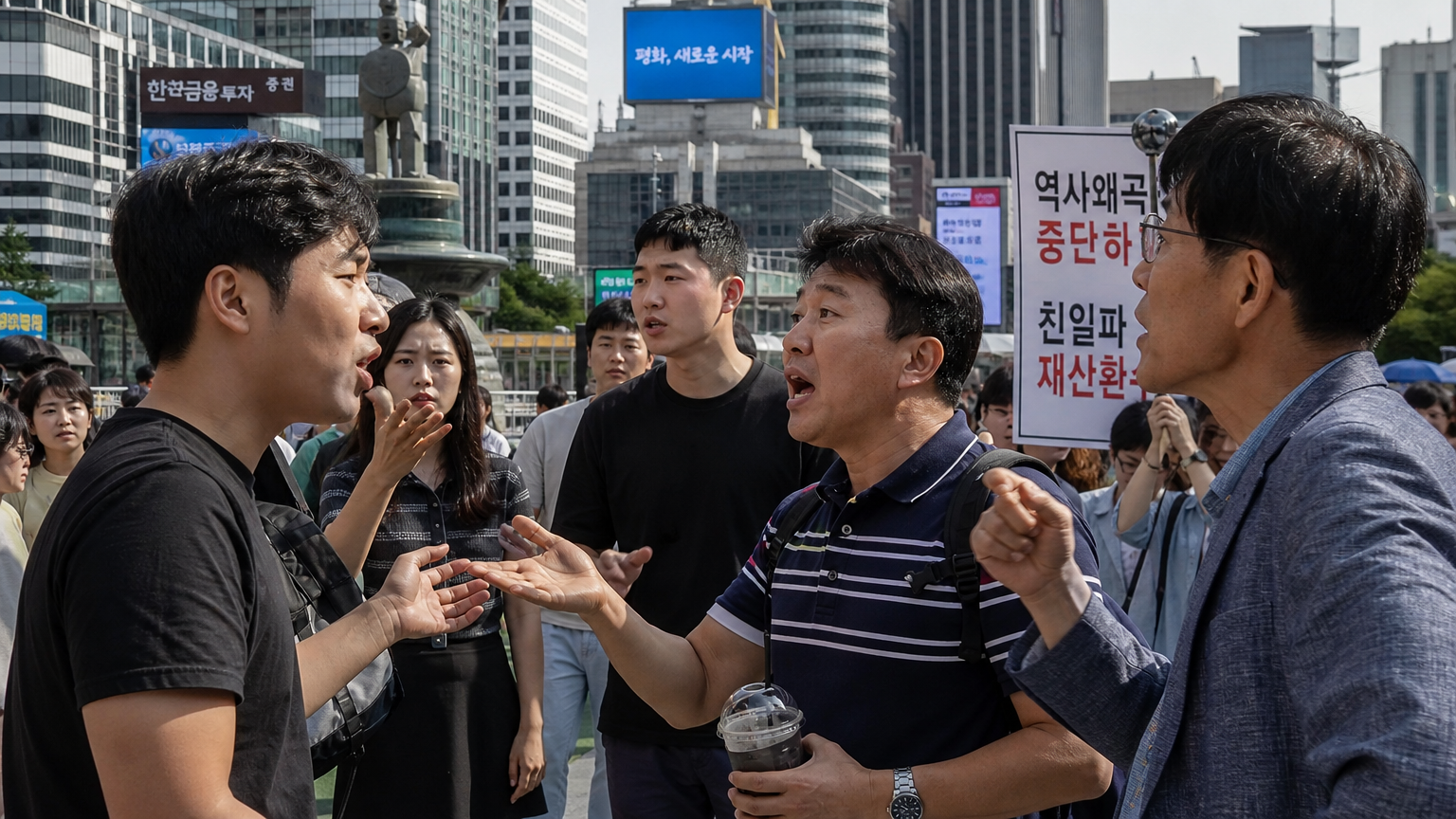 도시 배경 속에서 현대인들이 역사적 정의와 공정성에 대해 토론하는 모습