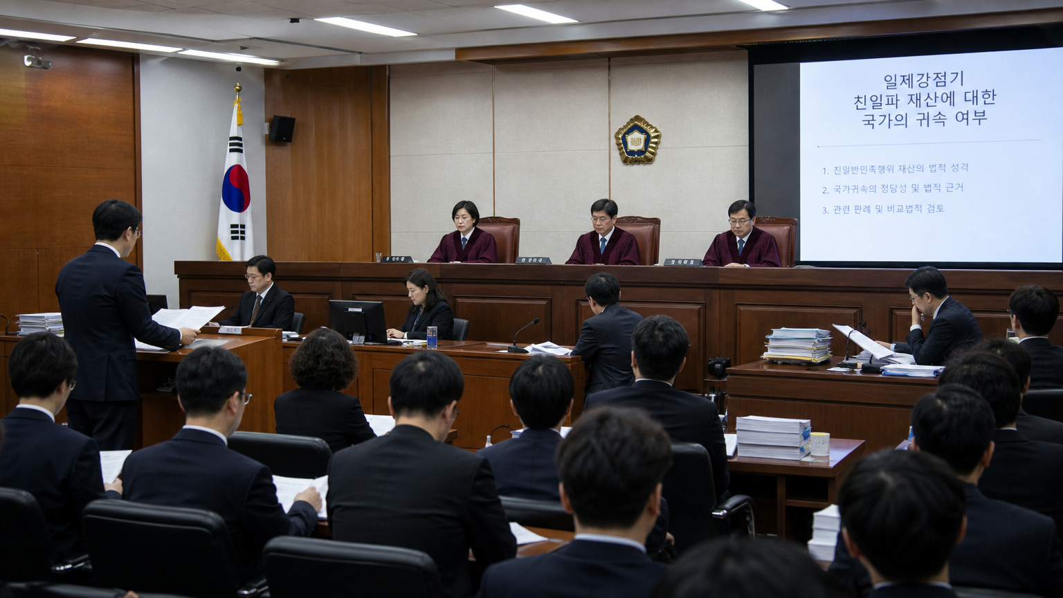 법정에서 변호사와 판사들이 식민시대 친일파 자산 몰수에 대해 논의하는 모습