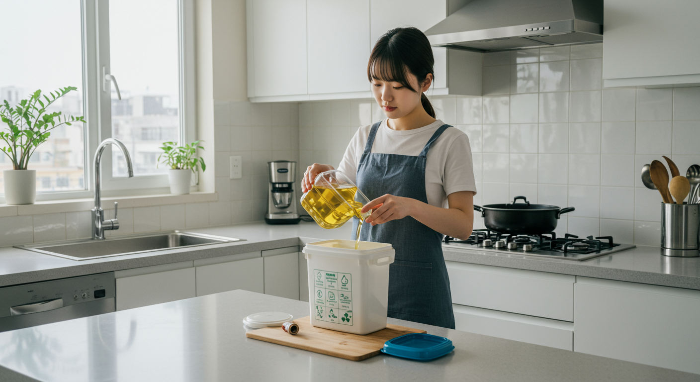현대적인 주방에서 폐식용유를 올바르게 용기에 담아 처리하는 모습, 환경과 지속 가능성 강조