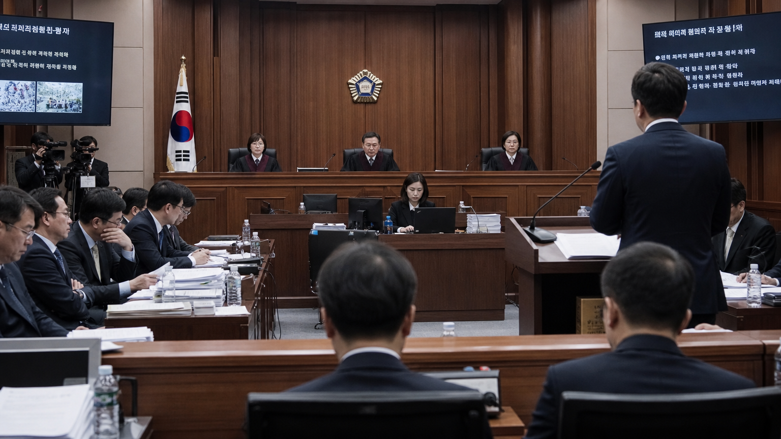 한국 법정에서 심각한 범죄 사건을 논의하는 모습