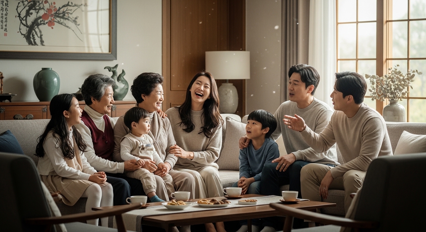 여러 세대가 모여 인적 공제를 논의하는 가족의 모습