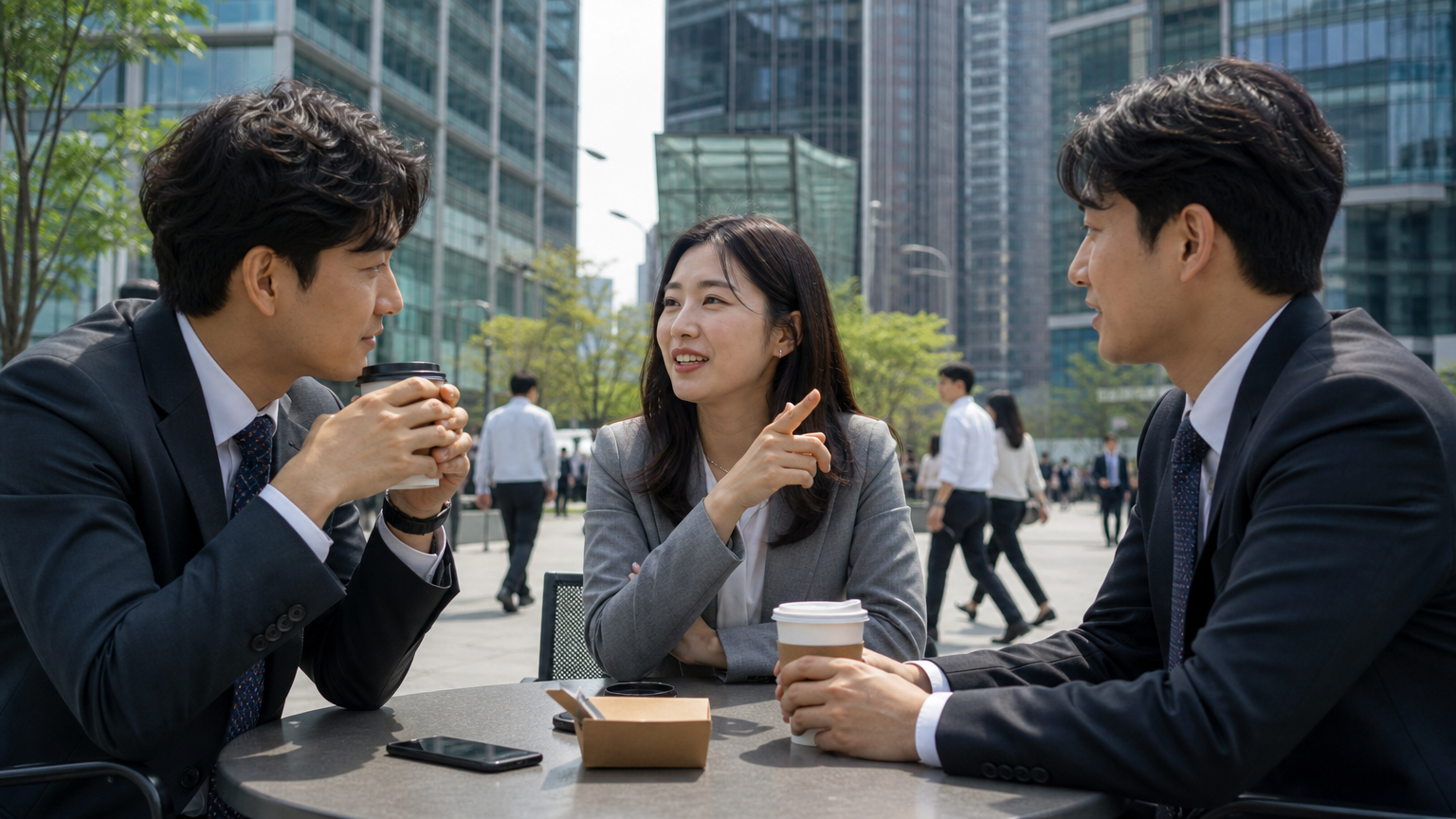 서울 비즈니스 지역에서 점심시간에 커피를 마시며 최신 드라마 각색에 대해 이야기하는 직장인들