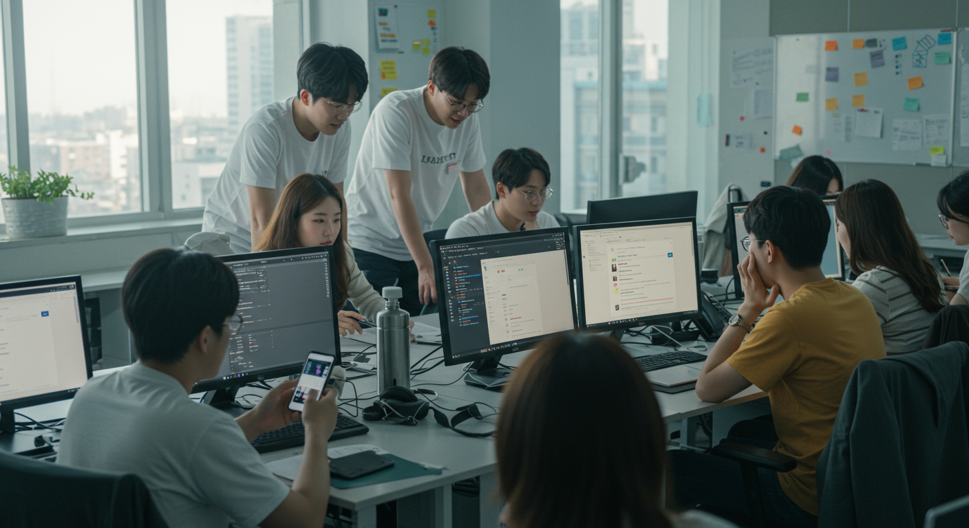 젊은 직장인들이 사무실에서 컴퓨터와 스마트폰으로 디지털 논쟁에 참여하는 모습