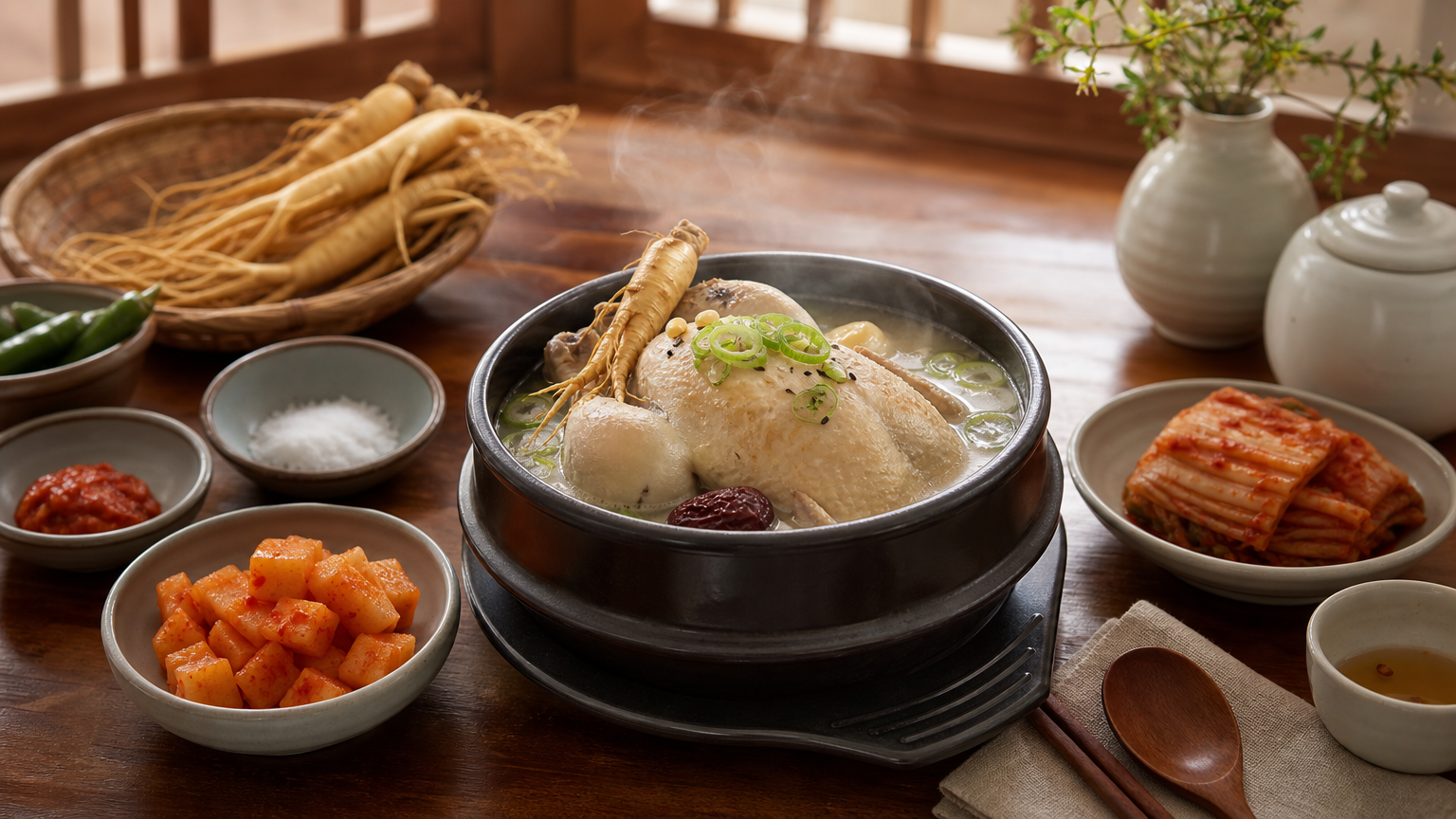 삼계탕과 인삼이 나무 테이블 위에 놓인 아늑한 집안 분위기