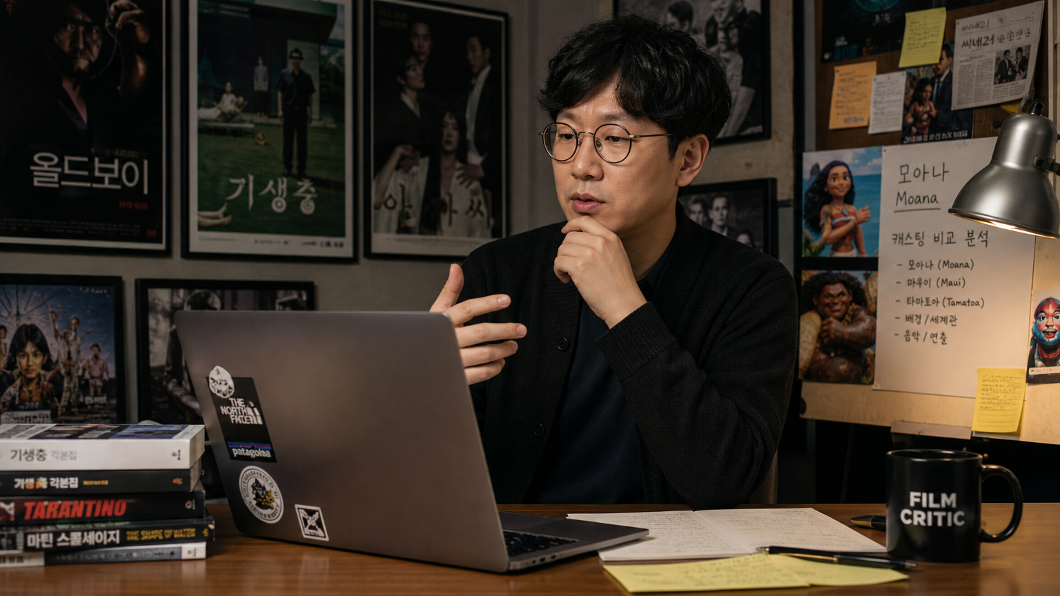 한국 영화 평론가가 책상에서 모아나 출연진을 노트북으로 분석하는 모습