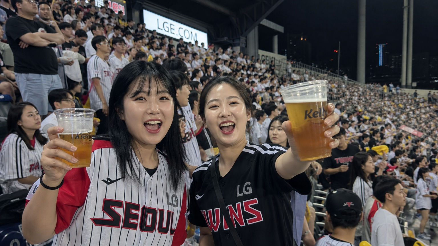 잠실 야구장에서 시원한 맥주를 들고 열띤 응원을 하는 한국 야구 팬들