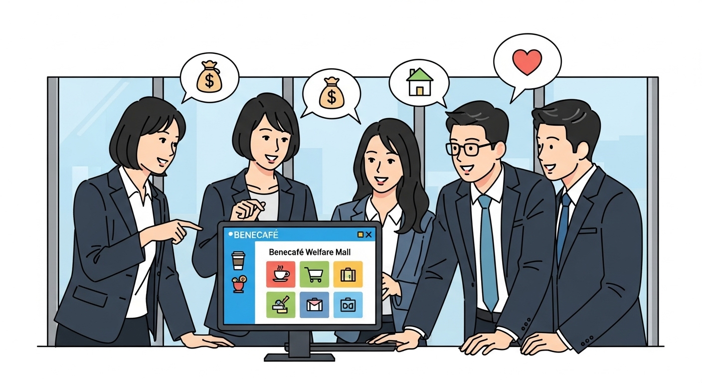 현대 사무실에서 컴퓨터 화면을 보며 베네카페 복지몰의 혜택을 탐색하는 직장인들