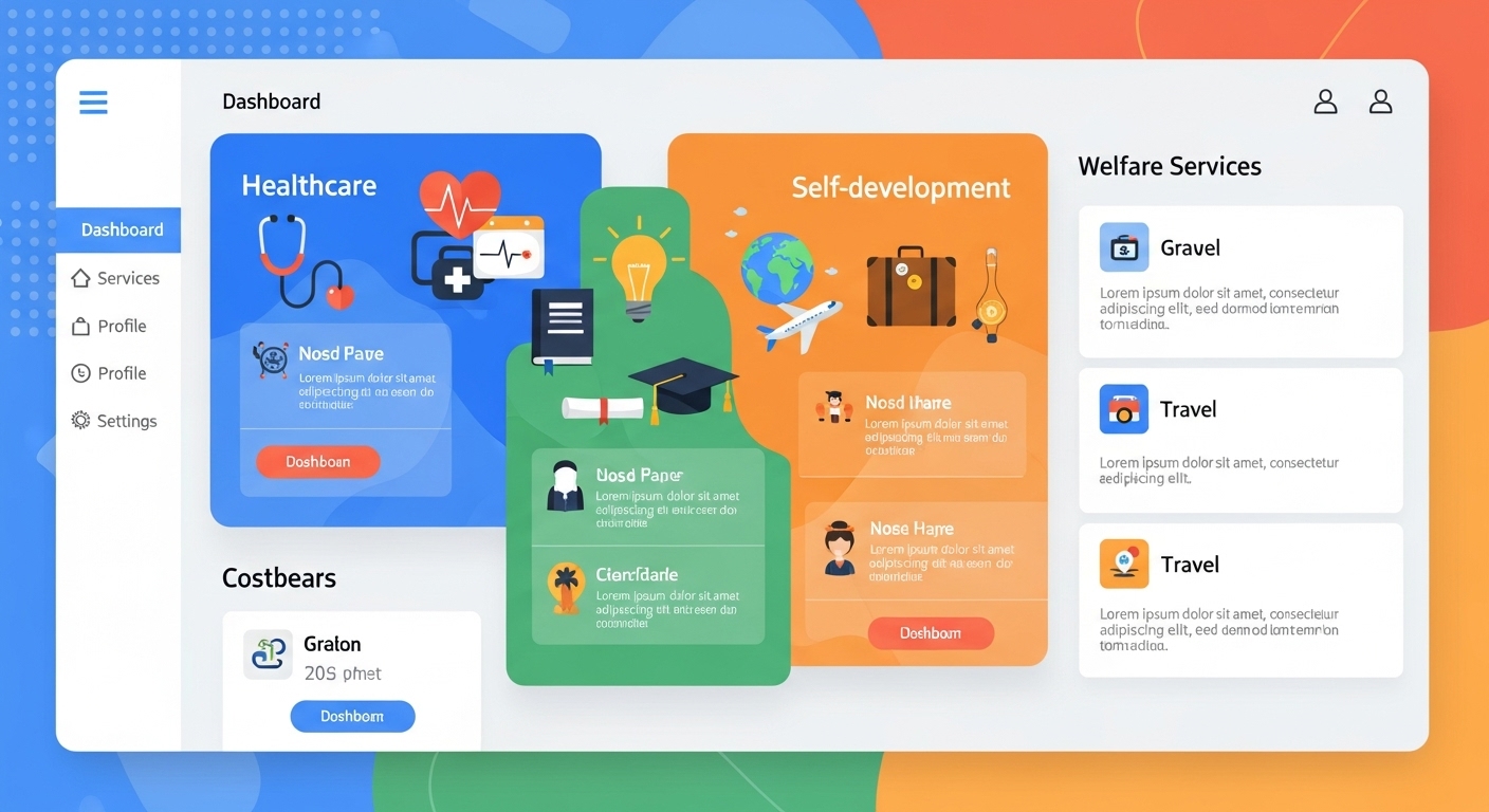 건강관리, 자기개발, 여행 옵션이 포함된 디지털 플랫폼 인터페이스의 다양한 복지 서비스