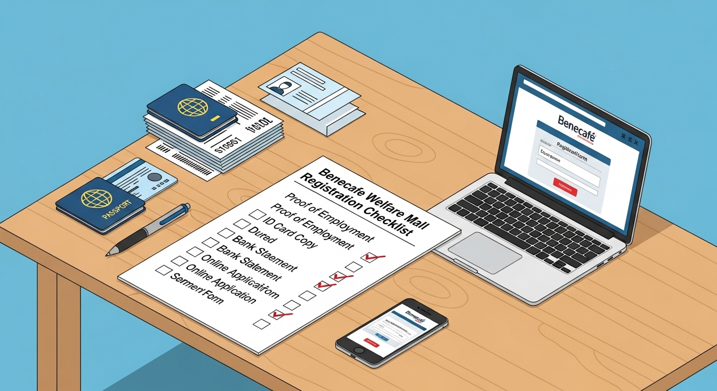 노트북과 스마트폰이 놓인 책상 위에 표시된 베네카페 복지몰 등록에 필요한 체크리스트와 서류