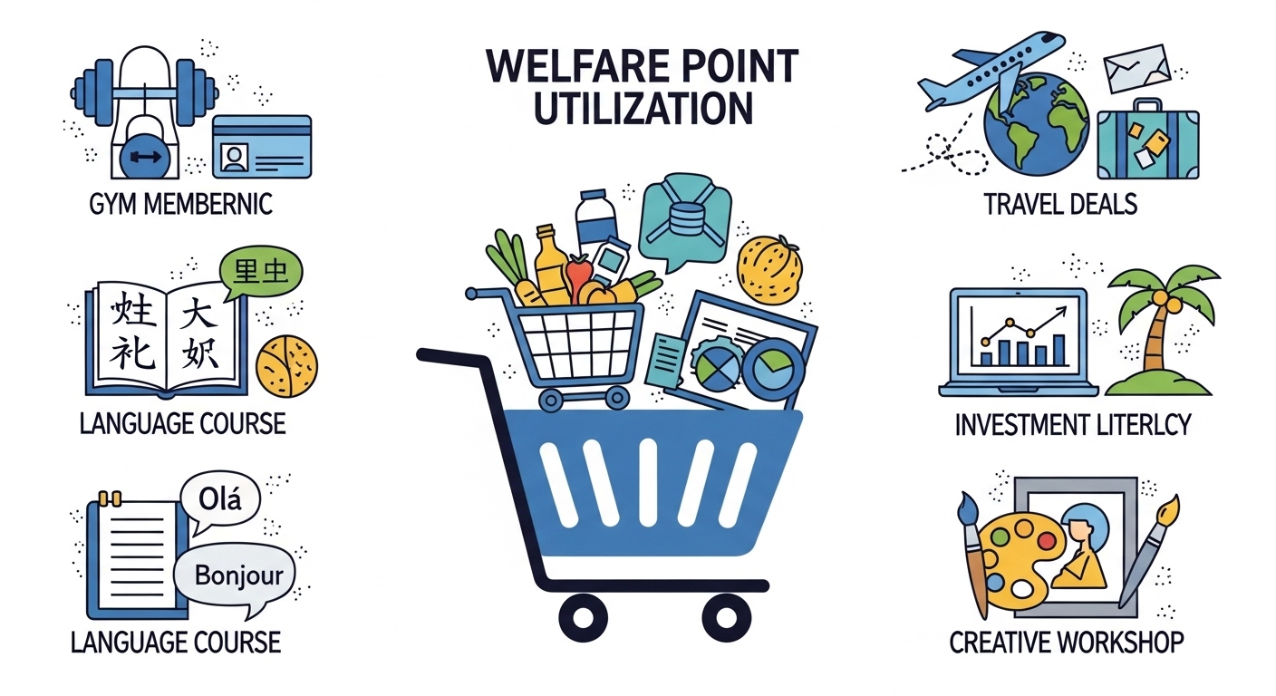 체육관 회원권, 어학 강좌 및 여행 상품 등 다양한 카테고리가 있는 일러스트레이션