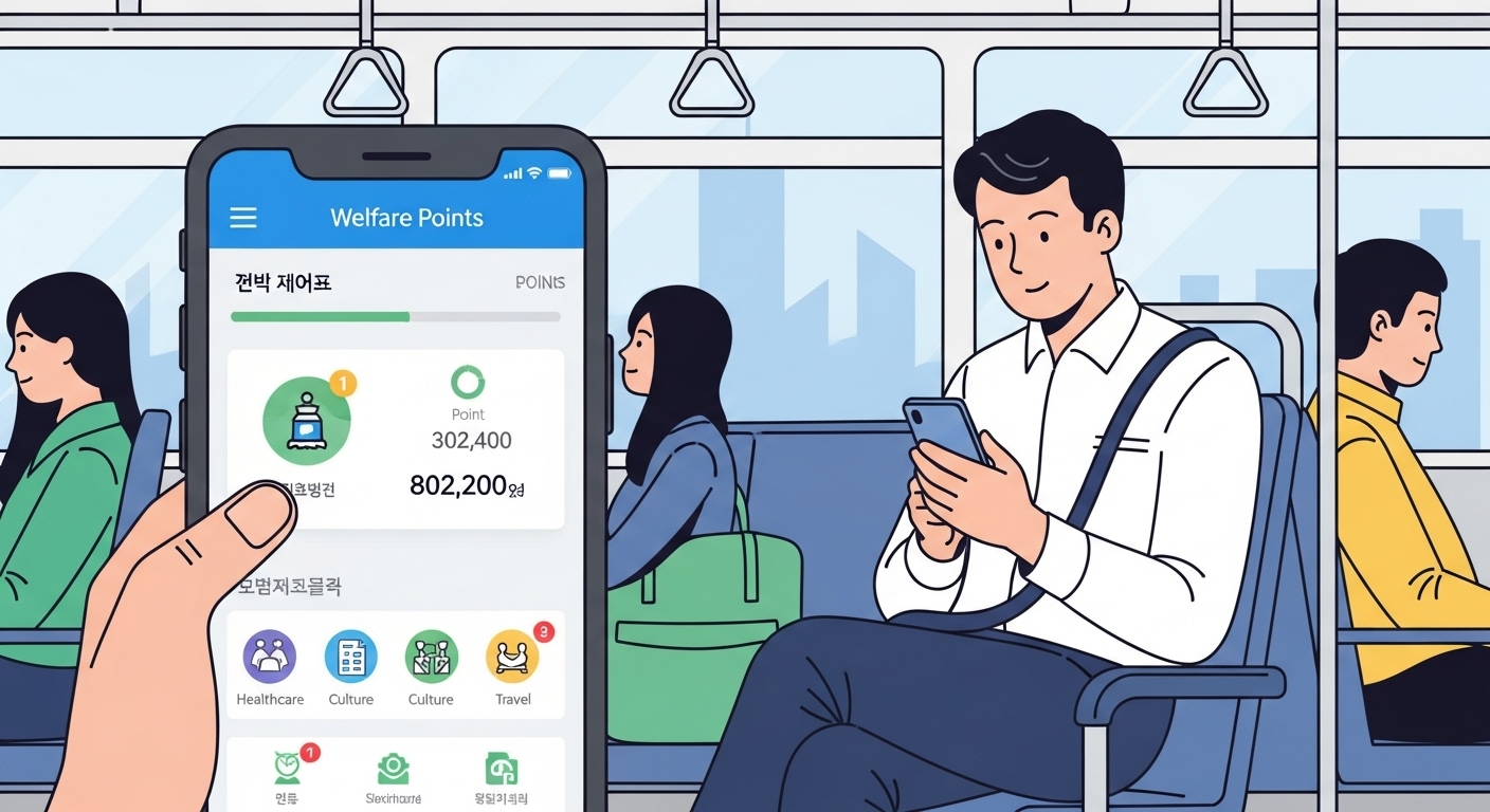 대중교통에서 스마트폰 앱을 사용하여 효율적으로 복지 포인트를 관리하는 한국인 전문가