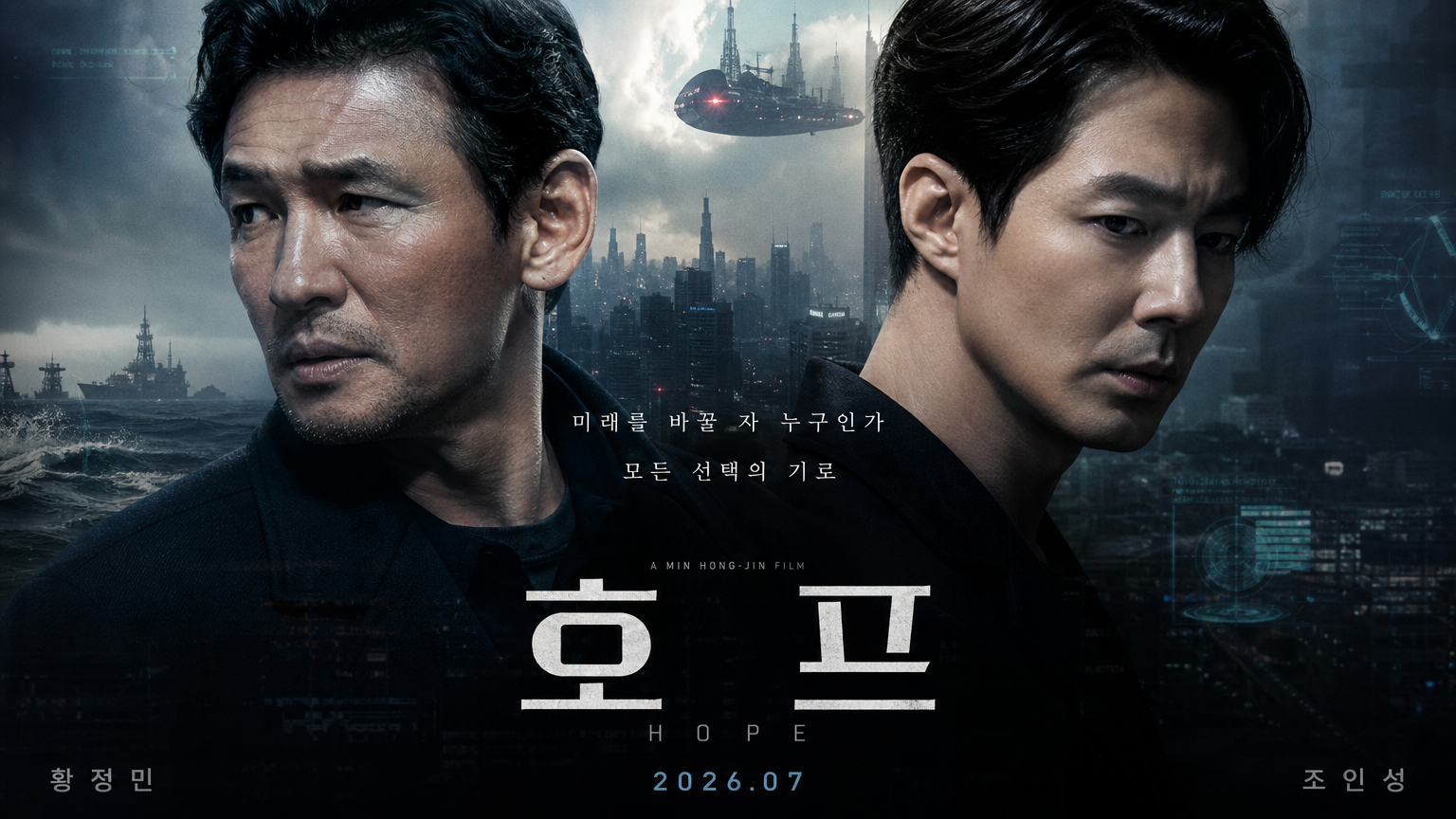 황정민과 조인성이 등장하는 SF 스릴러 영화 포스터 스타일 이미지