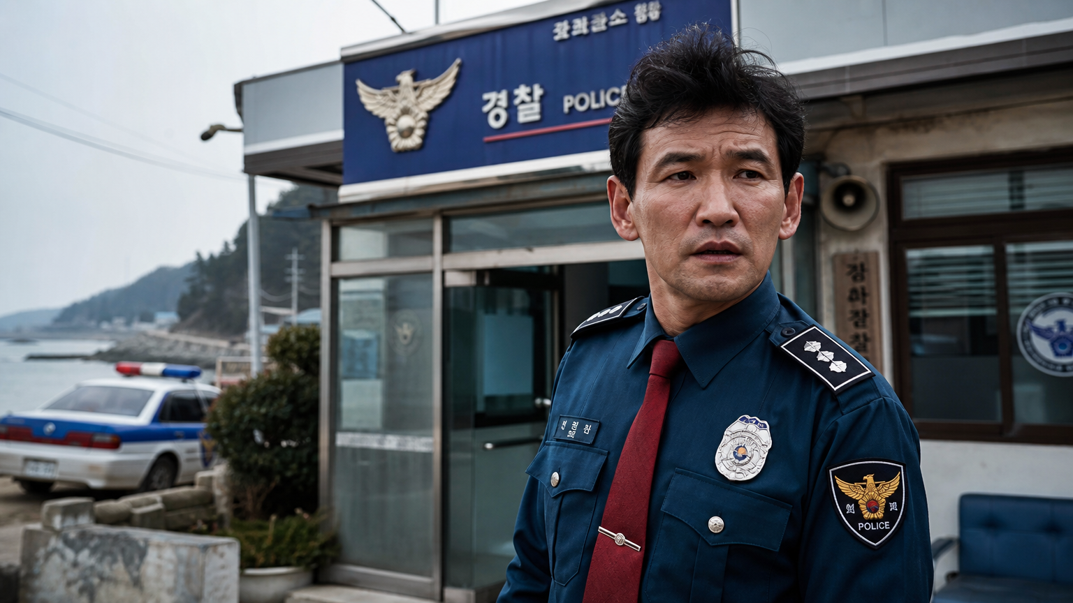해안 마을 경찰서에서 결연한 모습의 황정민