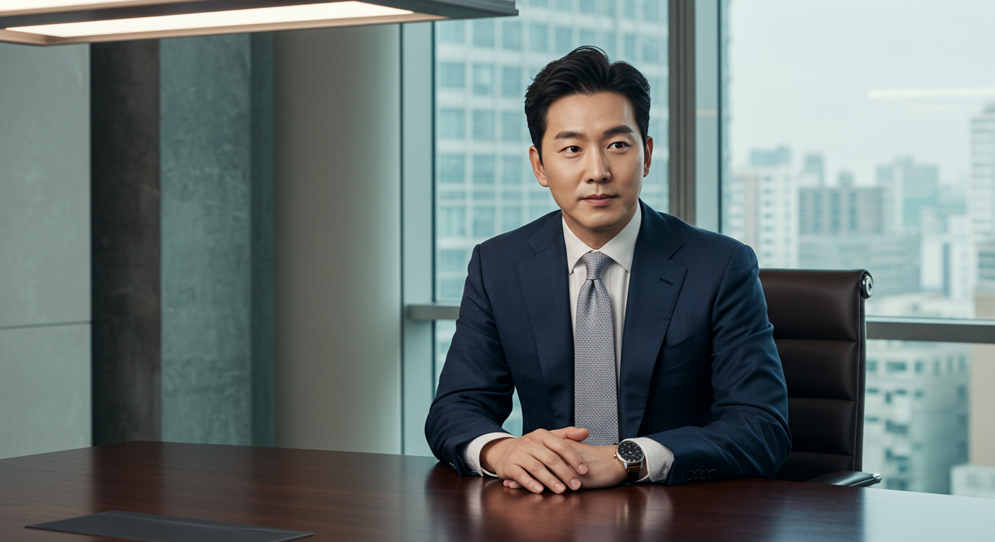 현대적인 비즈니스 협상 장면에서 자신감 넘치는 한국인 사업가가 협상 테이블에서 주도권을 잡고 있는 모습.