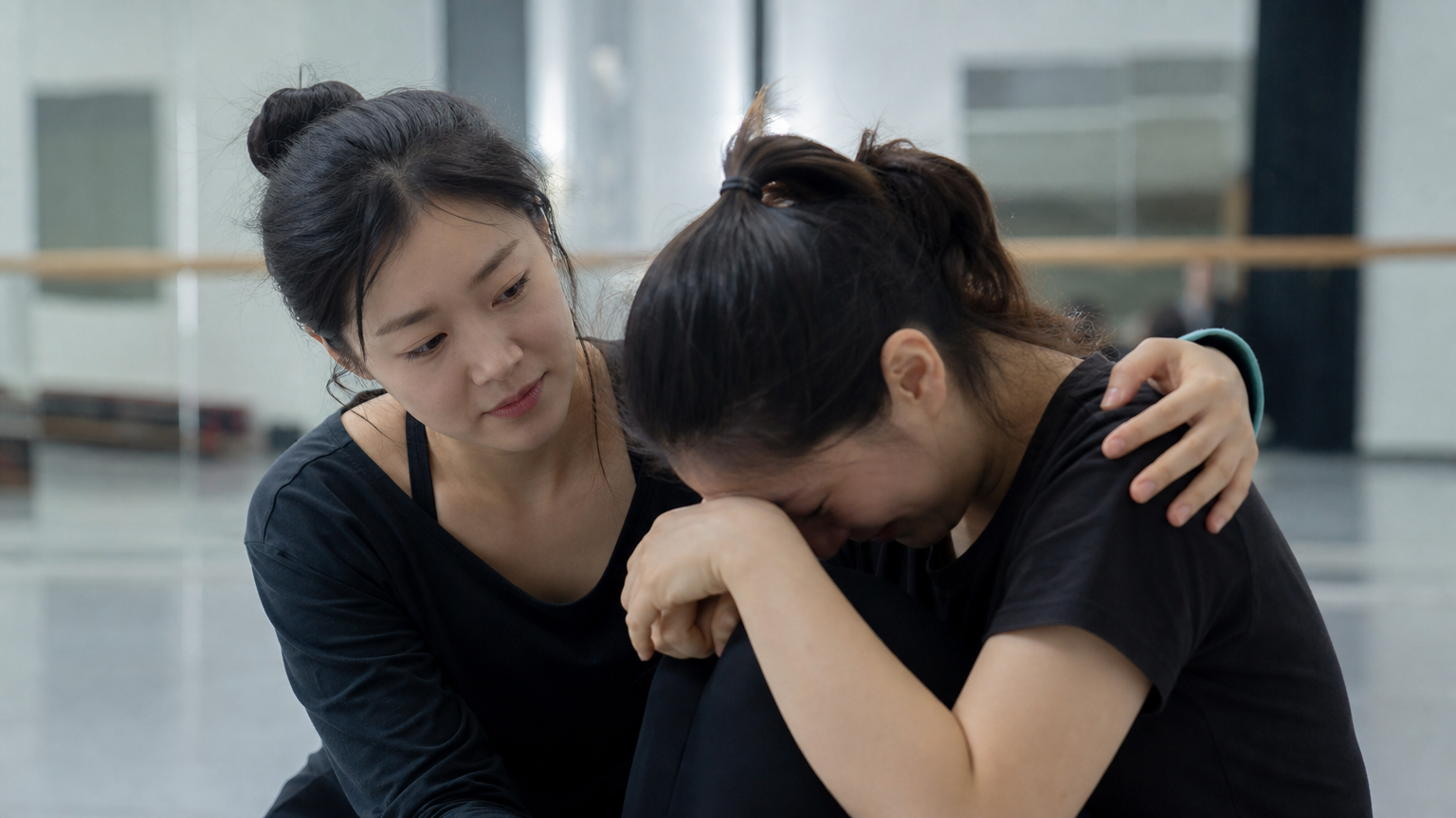 연습 중 동료를 위로하는 따뜻한 분위기의 여성
