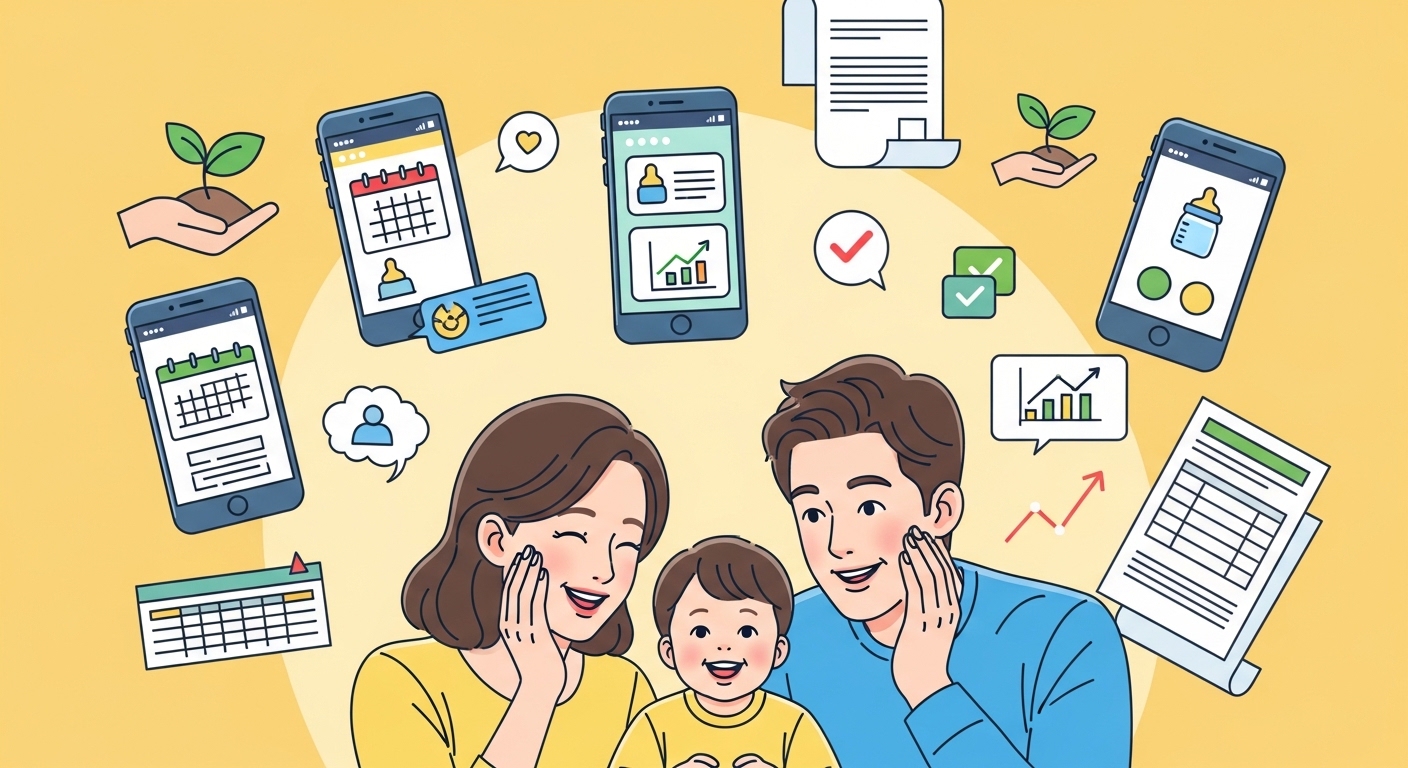 현대적인 한국 가정이 육아 지원 서류와 앱에 둘러싸여 안도하는 모습