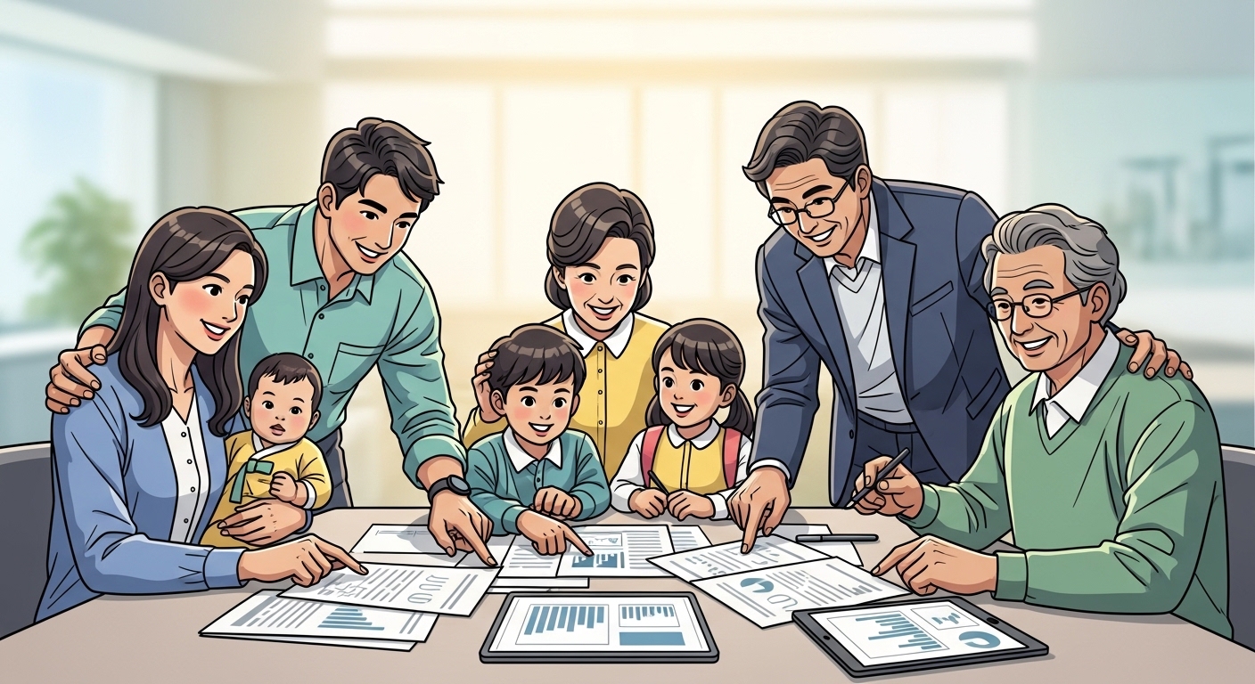 다양한 한국 가정이 소득 관련 서류를 보며 확장된 정부 지원에 안도하는 모습