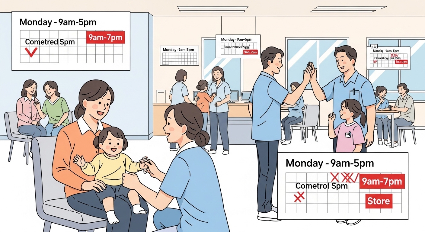 전문적인 돌봄 환경에서 추가 시간을 확인하며 한부모 가족들이 돌봄 인력과 교감하는 장면