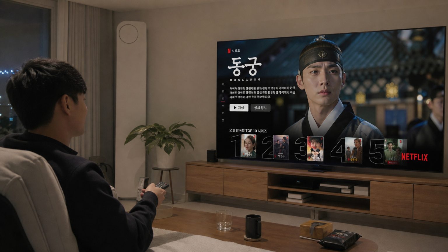 넷플릭스 드라마 '동궁'을 시청하며 감상에 빠져있는 사람의 모습