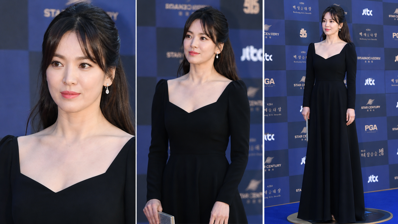 시상식에서 검정 롱 드레스를 입고 반묶음 헤어스타일을 한 송혜교