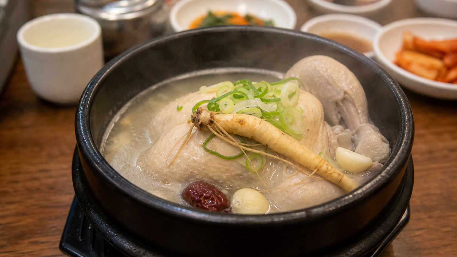 한식당에서 인삼과 대추가 들어간 김이 나는 삼계탕 클로즈업