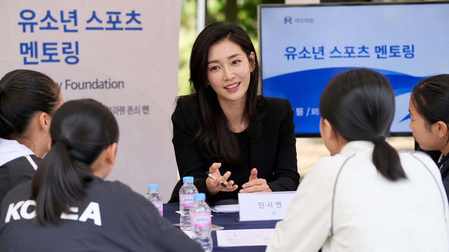 젊은 운동 꿈나무들과 함께 청소년 발전 및 스포츠 멘토십에 초점을 맞춘 행사에서 만나는 한국 여성