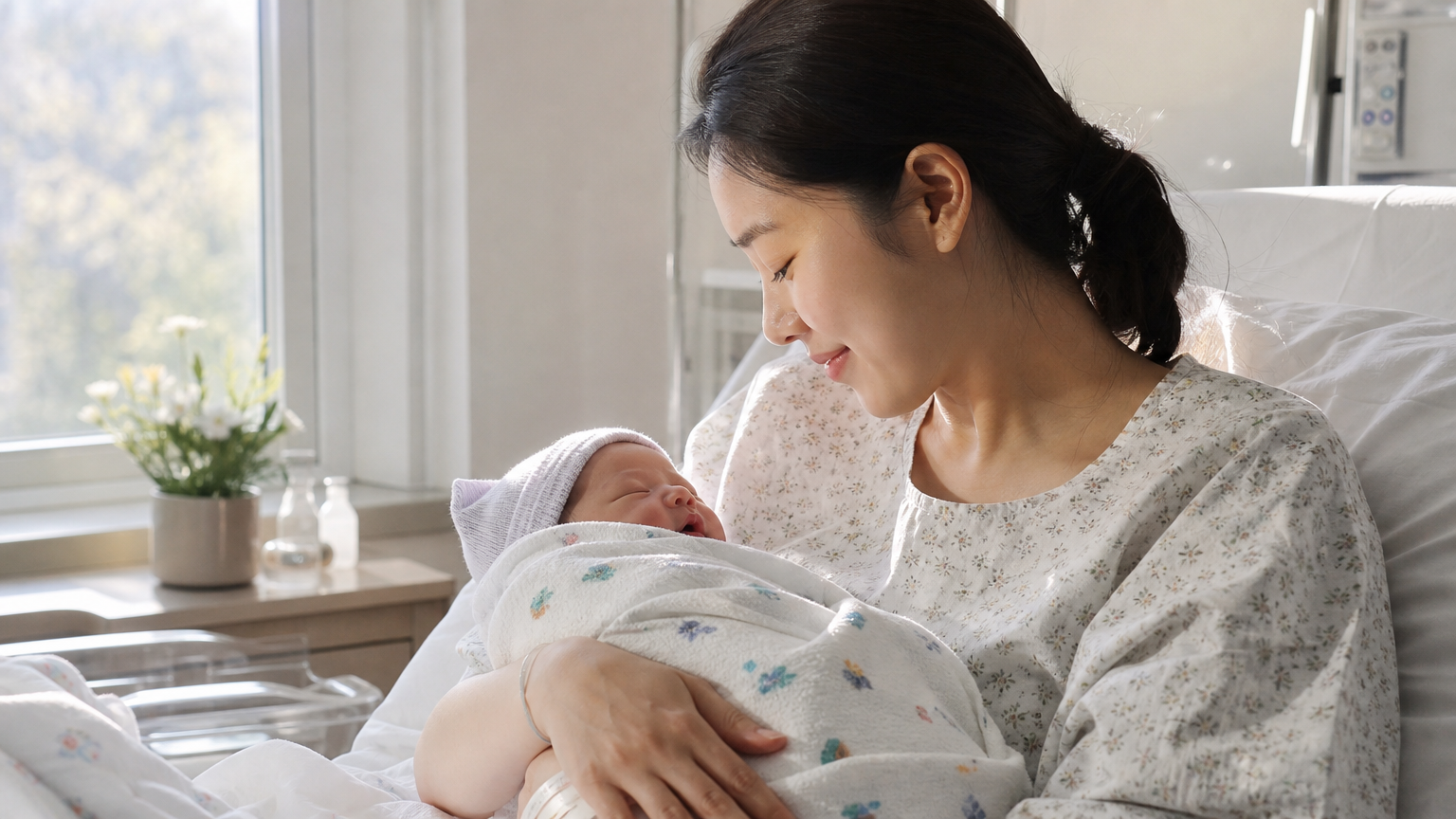 병원에서 갓 태어난 아이를 품에 안고 있는 어머니