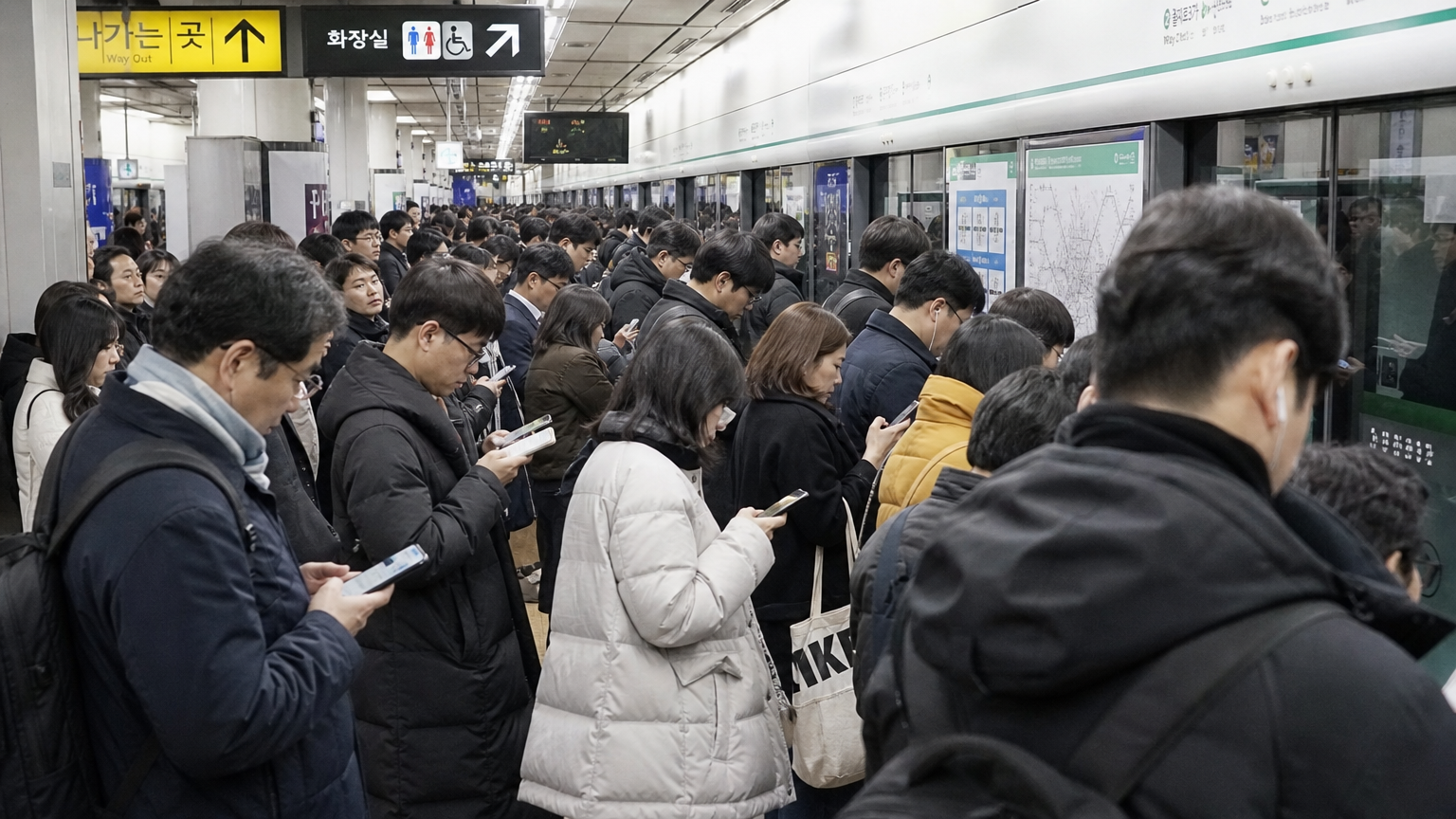 아침 출근 시간 지하철 플랫폼에서 스마트폰으로 정보를 확인하는 승객들