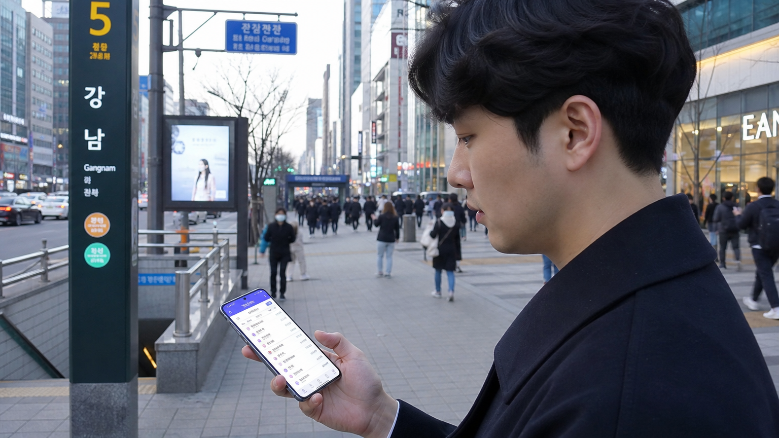 도심 거리에서 스마트폰으로 실시간 지하철 정보를 확인하는 현대인의 모습