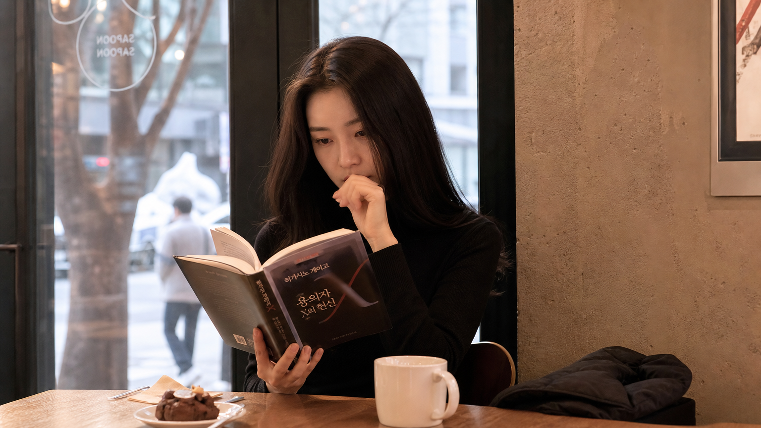 서울 카페에서 히가시노 게이고 소설을 읽으며 생각에 잠긴 현대 여성