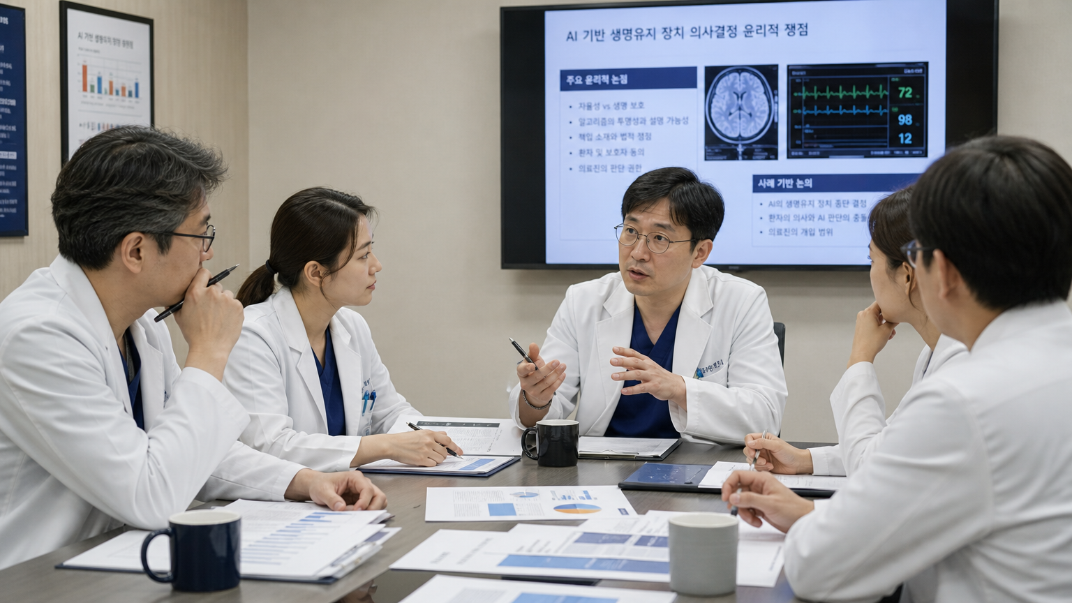 병원 회의실에서 생명 유지 장치 관련 윤리적 문제를 논의하는 의사들