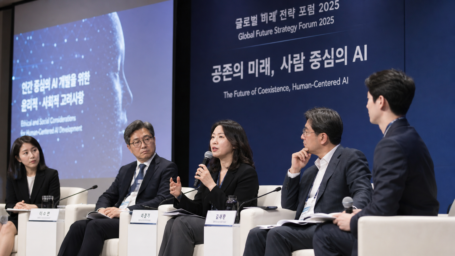 글로벌 포럼에서 미래 공존을 위한 인간 중심 가치에 대해 논의하는 전문가들