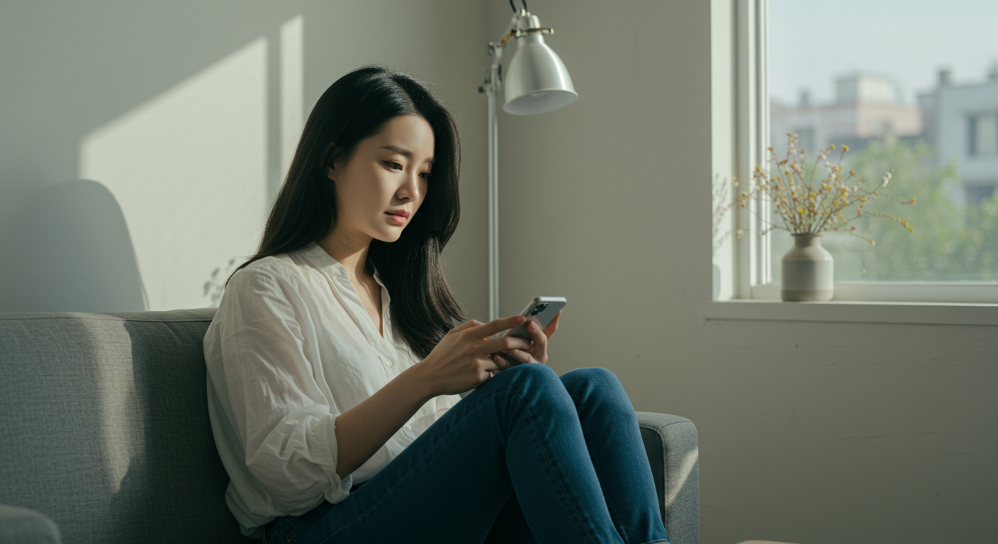 현대 한국 여성이 스마트폰으로 감정을 표현하며 새로운 시작을 준비하는 모습