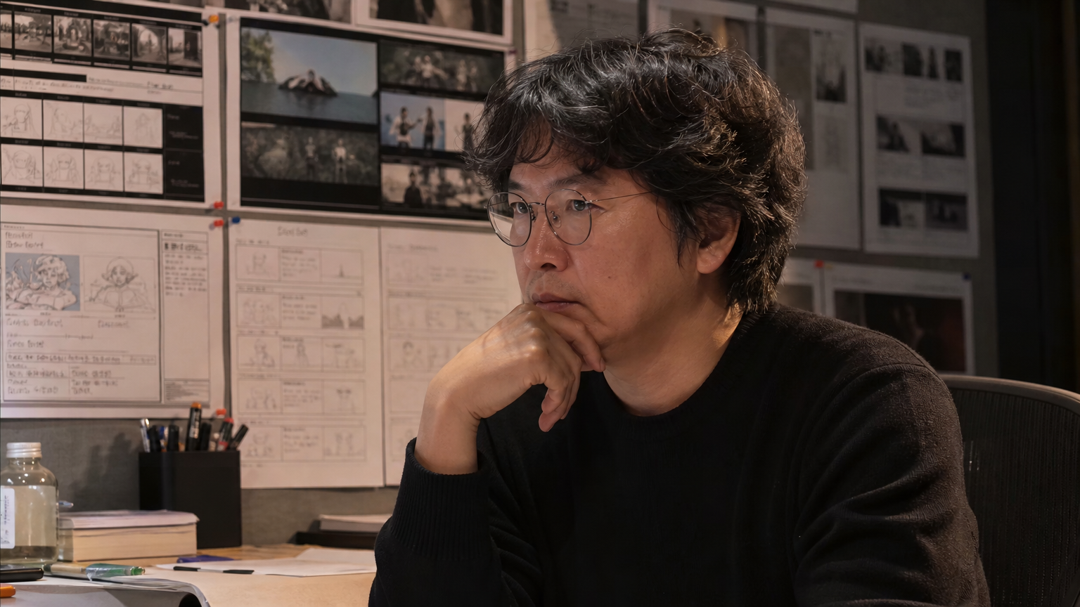 스토리보드와 각본이 가득한 창작 공간에서 아이디어를 구상하는 모습