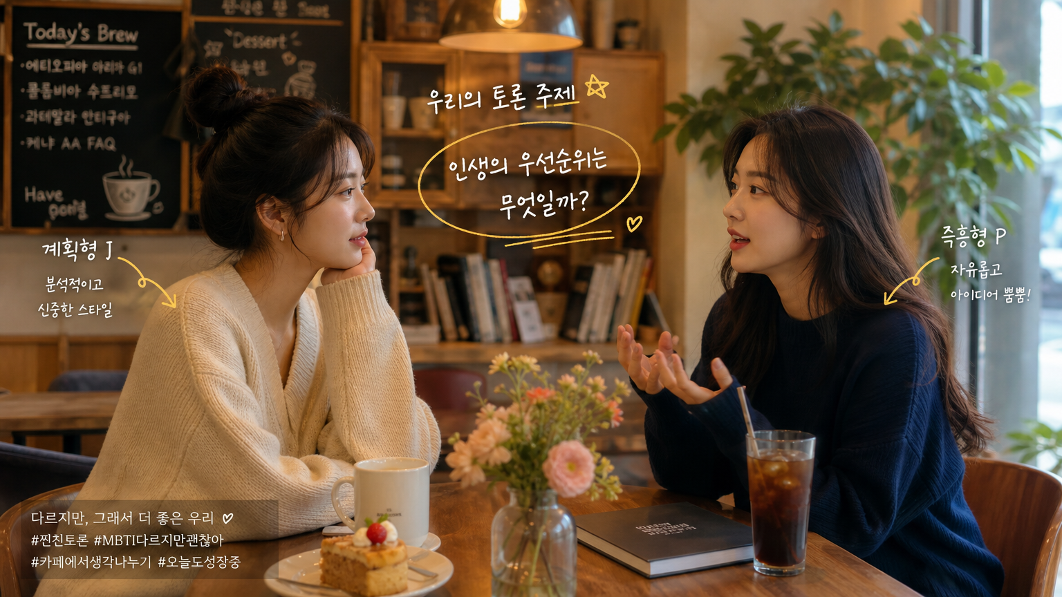 카페에서 서로 다른 성격을 가진 친구들이 진지한 대화를 나누는 모습